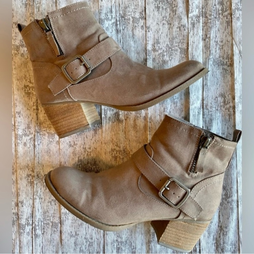 Madden Girl - taupe Fibi style side zipper buckle detail bootie
